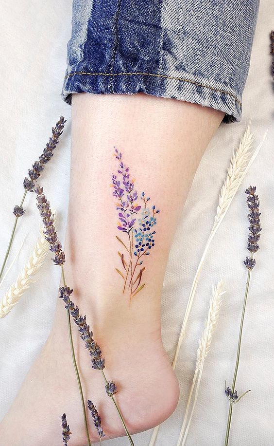Lavender tattoo on the ankle.